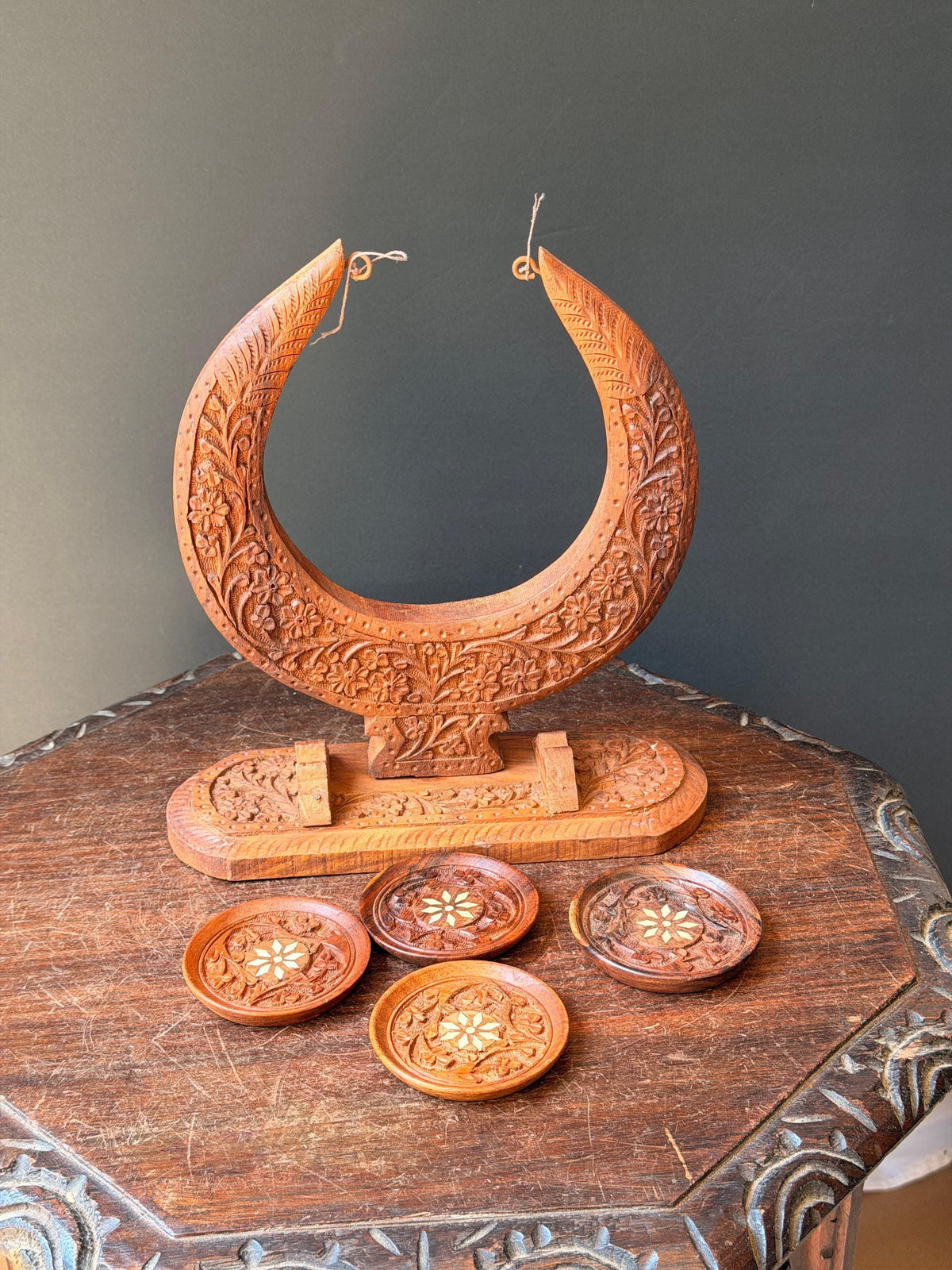 Vintage Hand Carved Wood Coaster Set Crescent Moon Stand Indian Floral Folk