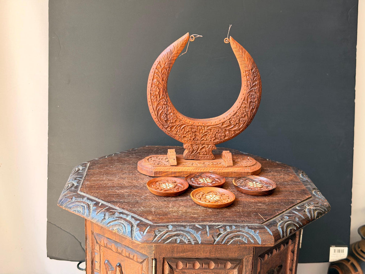 Vintage Hand Carved Wood Coaster Set Crescent Moon Stand Indian Floral Folk