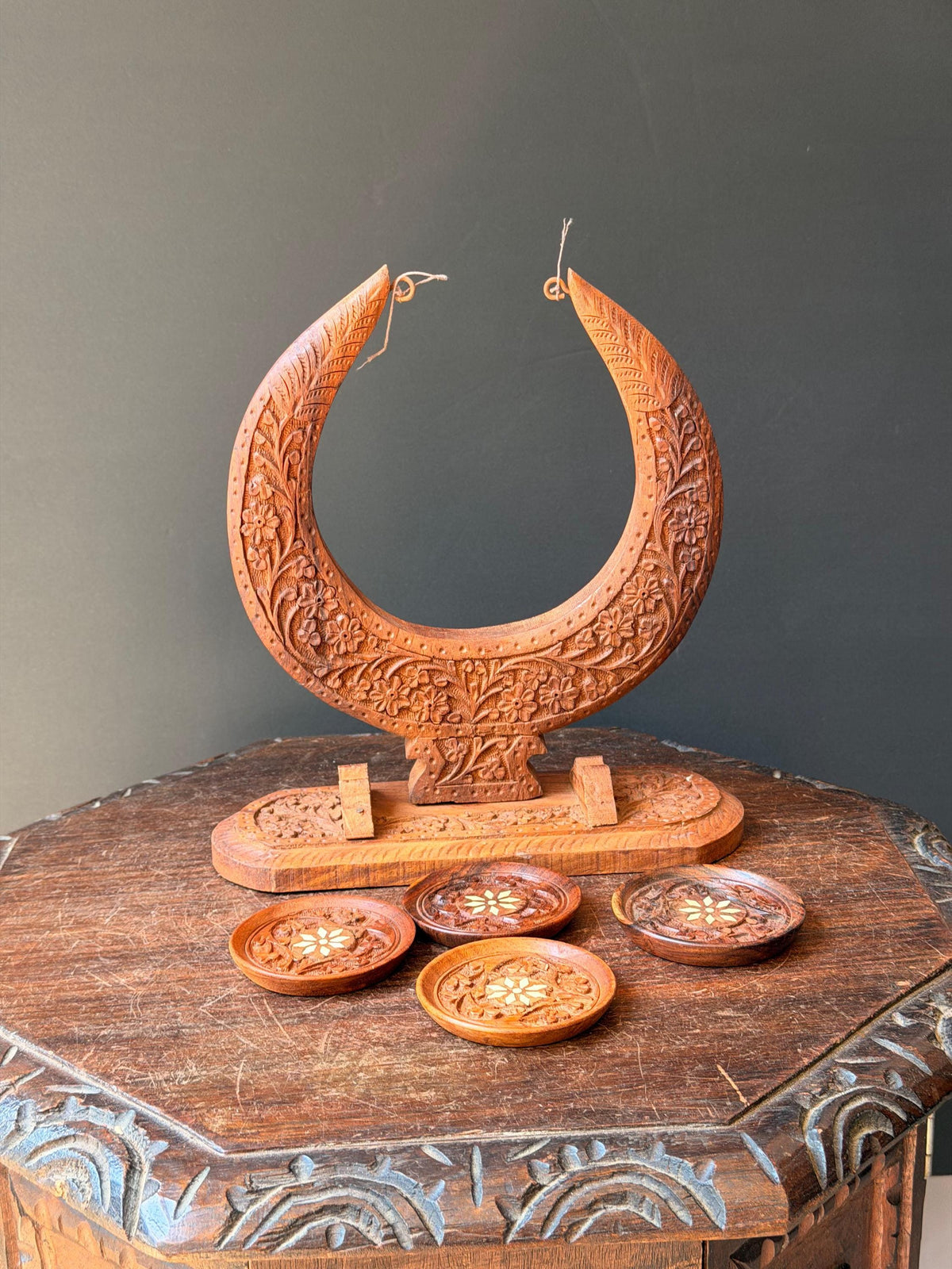 Vintage Hand Carved Wood Coaster Set Crescent Moon Stand Indian Floral Folk