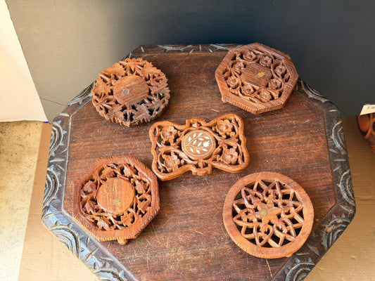 Vintage Hand Carved Wood Trivet Set of 5 Indian Floral Footed Hot Pad Riser
