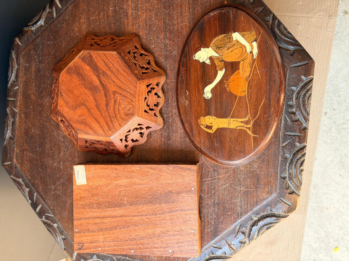 Vintage Hand Carved Wood Desk Set Bowl Oval Plaque Inlay Indian Folk Art
