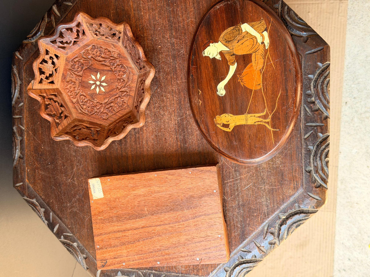 Vintage Hand Carved Wood Desk Set Bowl Oval Plaque Inlay Indian Folk Art