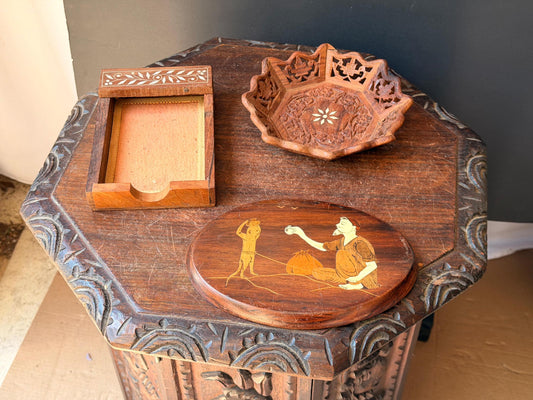 Vintage Hand Carved Wood Desk Set Bowl Oval Plaque Inlay Indian Folk Art