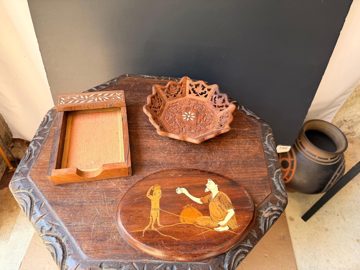 Vintage Hand Carved Wood Desk Set Bowl Oval Plaque Inlay Indian Folk Art