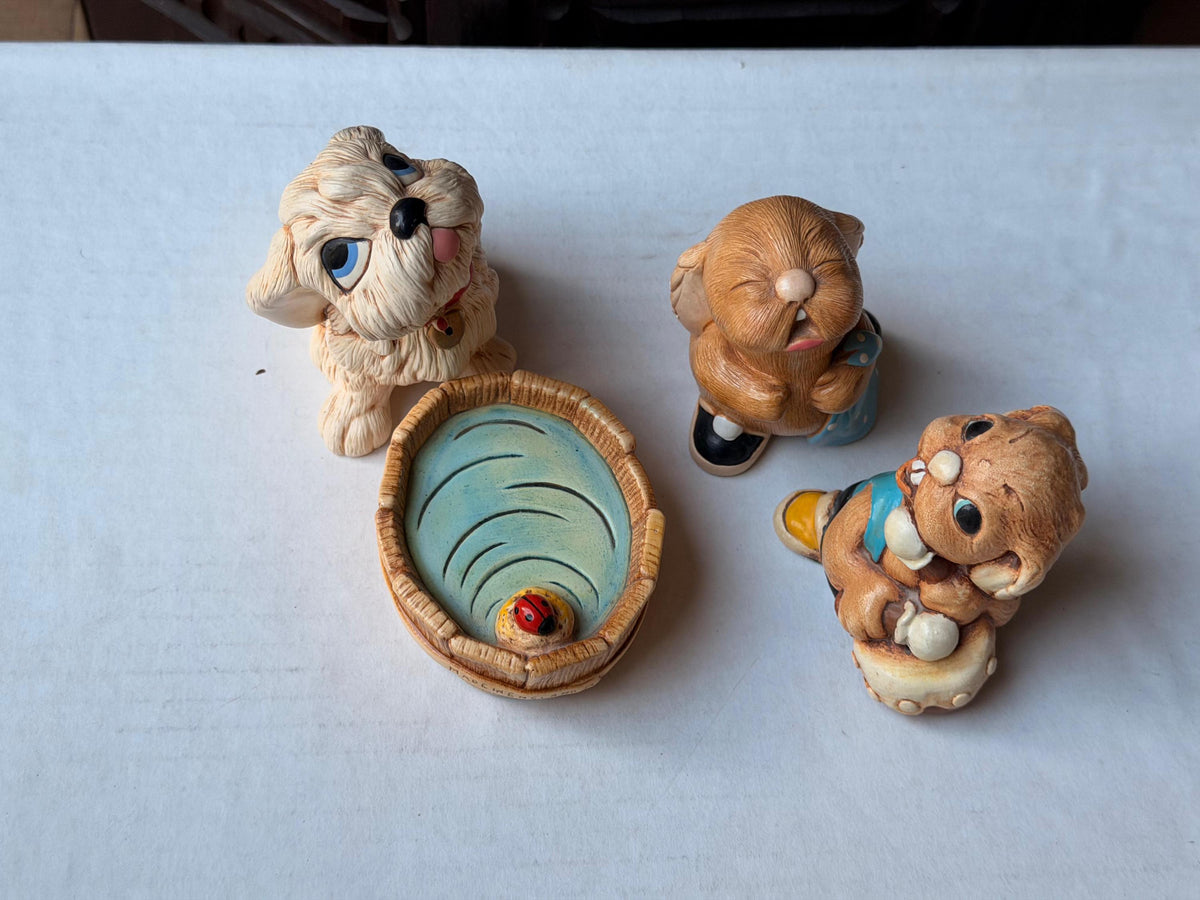 Vintage PenDelfin Stonecraft Figurine Set Tammy Dog Barney Rabbit Tub