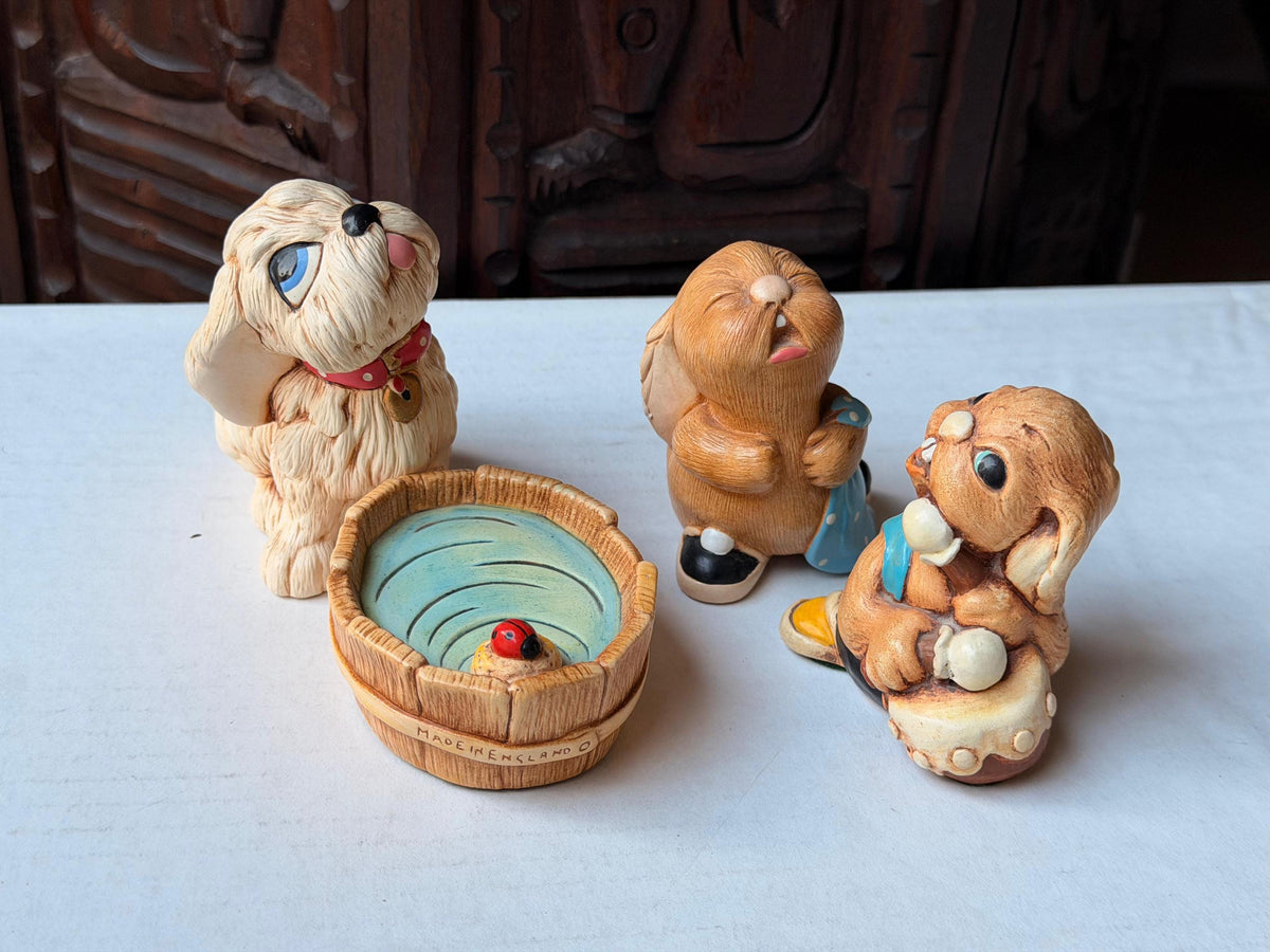 Vintage PenDelfin Stonecraft Figurine Set Tammy Dog Barney Rabbit Tub