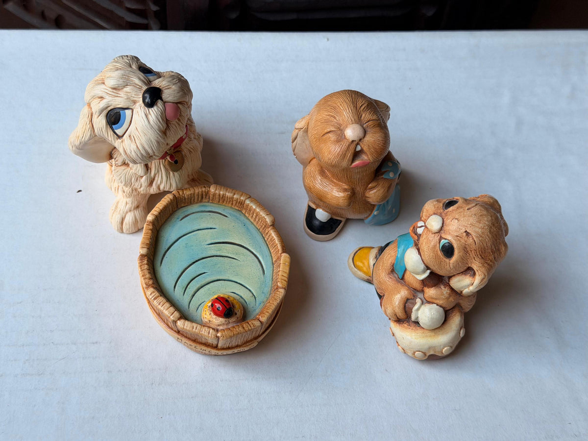 Vintage PenDelfin Stonecraft Figurine Set Tammy Dog Barney Rabbit Tub