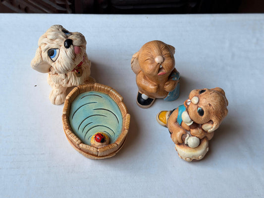 Vintage PenDelfin Stonecraft Figurine Set Tammy Dog Barney Rabbit Tub