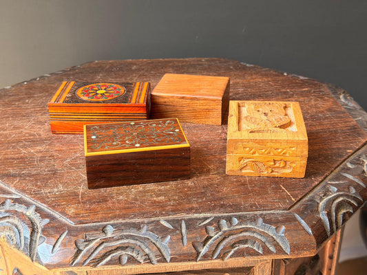 Vintage Wooden Trinket Box Collection Carved Owl Inlay Lacquer 4pc