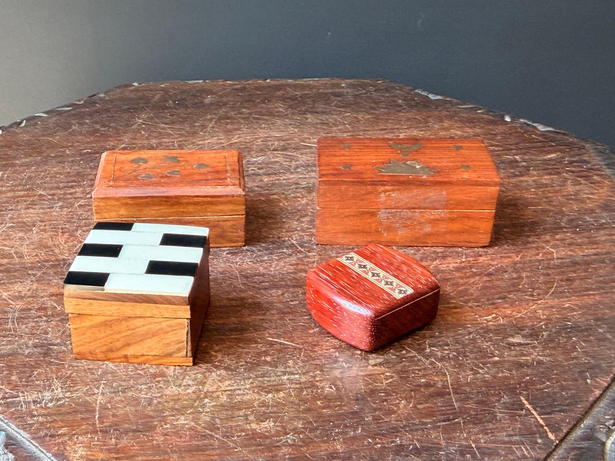 Vintage Wooden Trinket Box Collection Brass Celestial Resin Inlay 4pc
