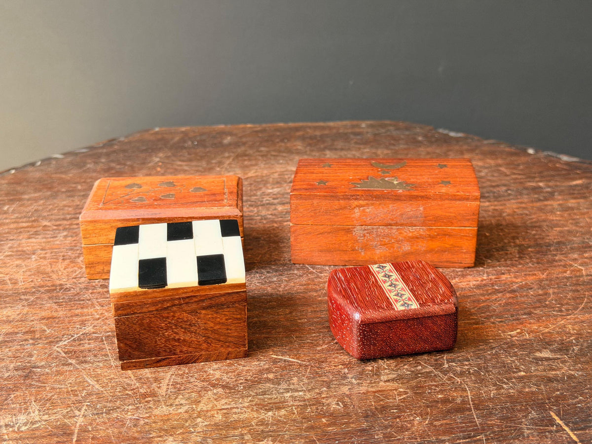 Vintage Wooden Trinket Box Collection Brass Celestial Resin Inlay 4pc