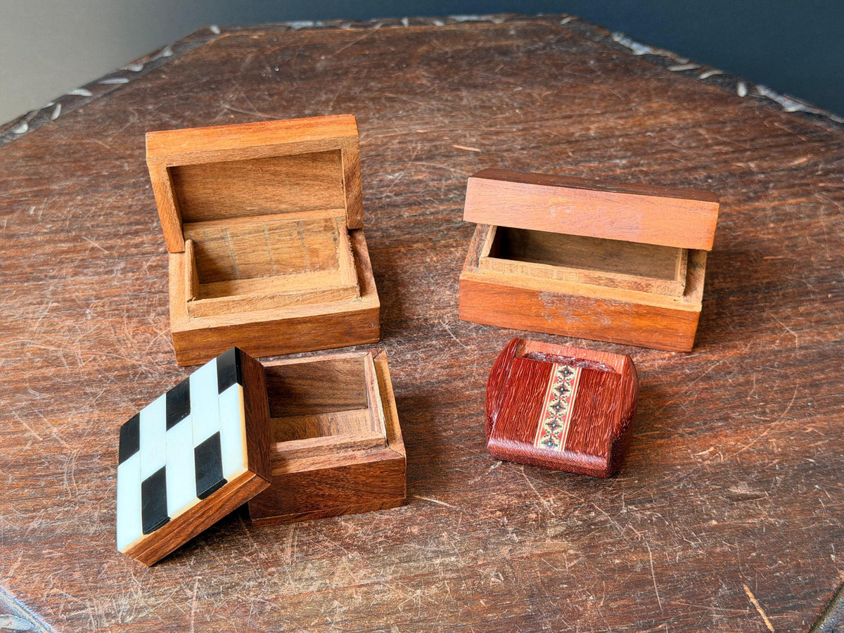 Vintage Wooden Trinket Box Collection Brass Celestial Resin Inlay 4pc