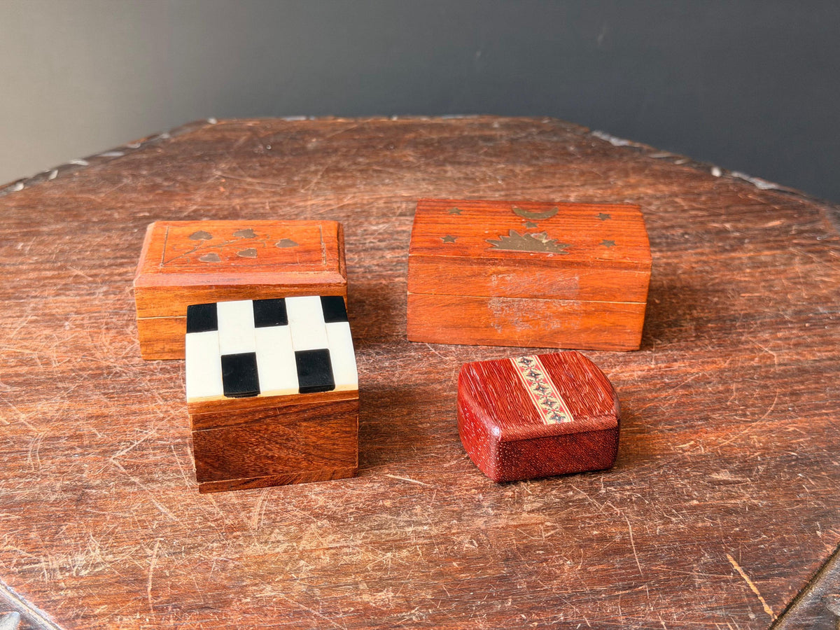 Vintage Wooden Trinket Box Collection Brass Celestial Resin Inlay 4pc