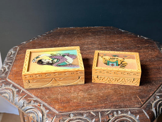 Vintage Indian Carved Wood Trinket Box Set Camel Rajasthani Painted Art 2pc