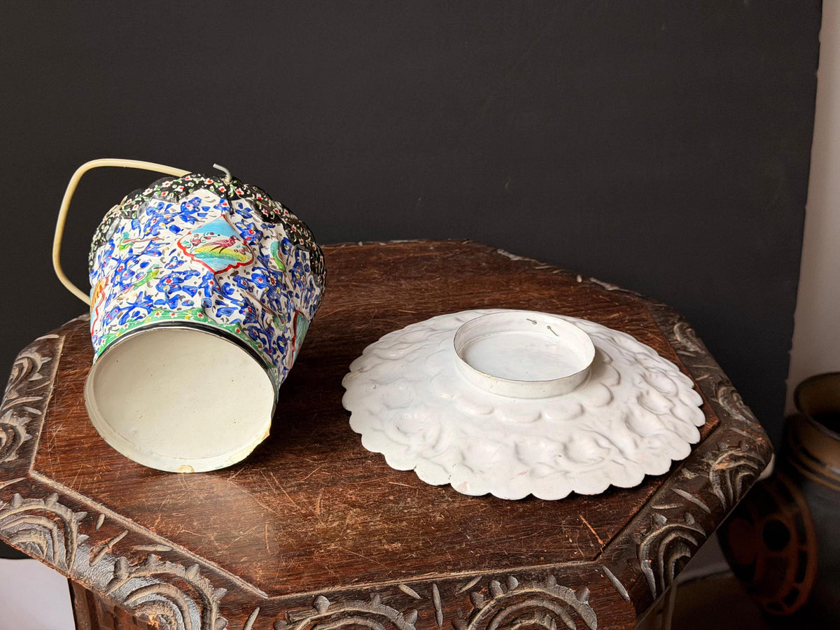 Middle Eastern Hand Painted Enameled Copper Plate Bucket Set Silk Road Art 9"