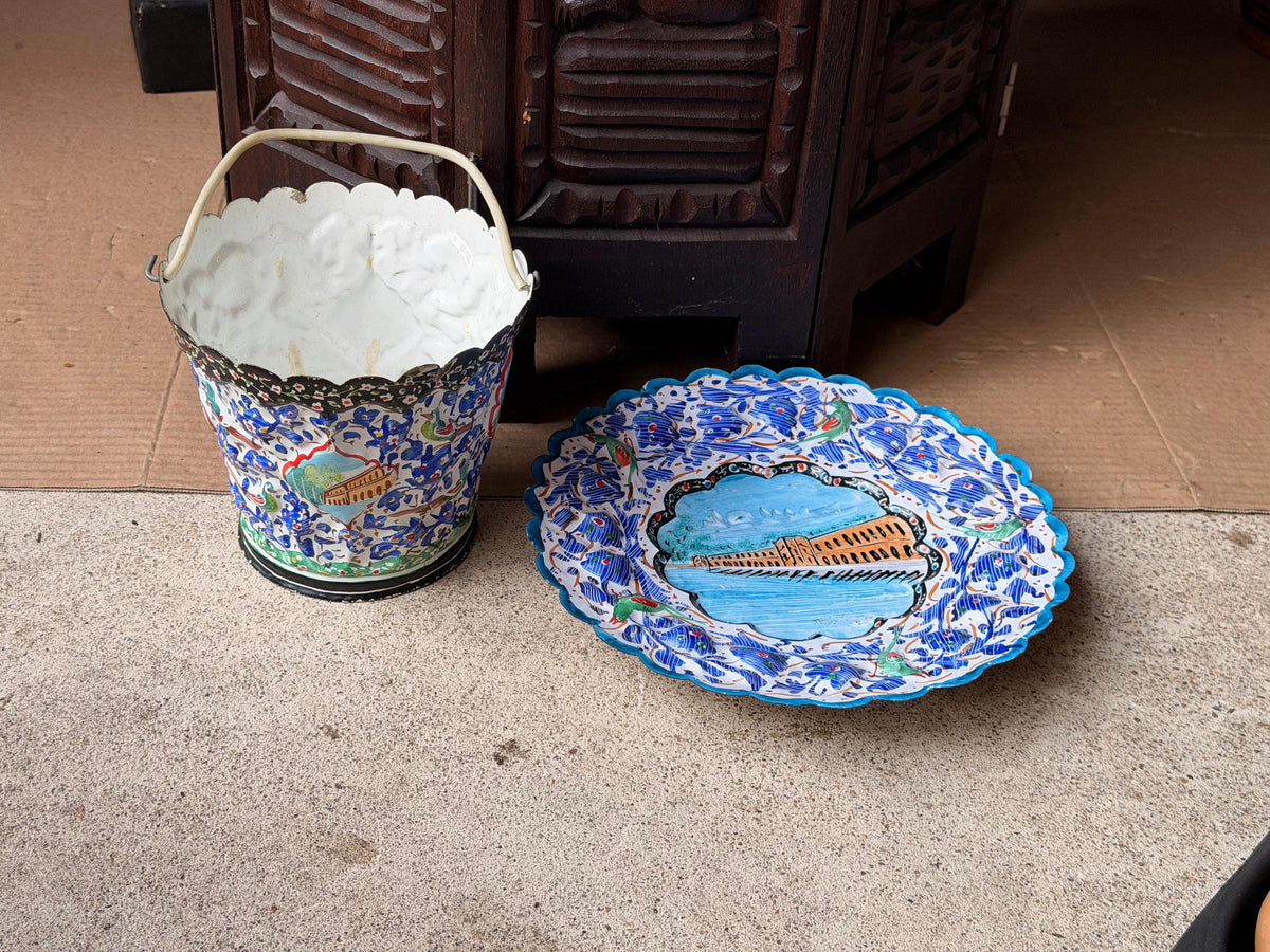 Middle Eastern Hand Painted Enameled Copper Plate Bucket Set Silk Road Art 9"