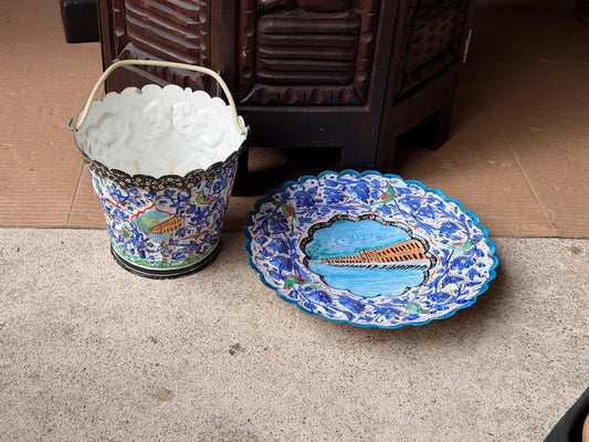 Middle Eastern Hand Painted Enameled Copper Plate Bucket Set Silk Road Art 9"