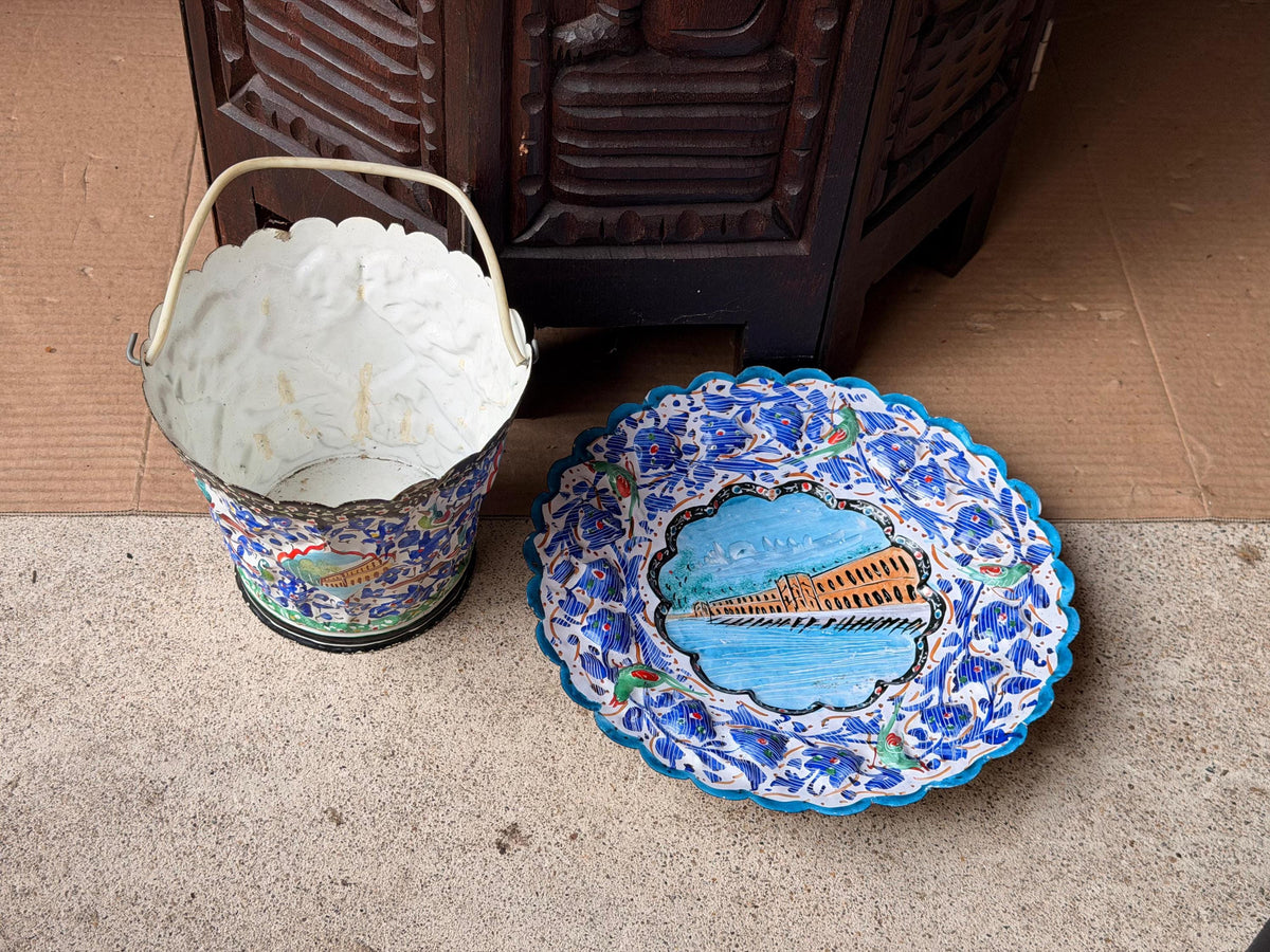Middle Eastern Hand Painted Enameled Copper Plate Bucket Set Silk Road Art 9"