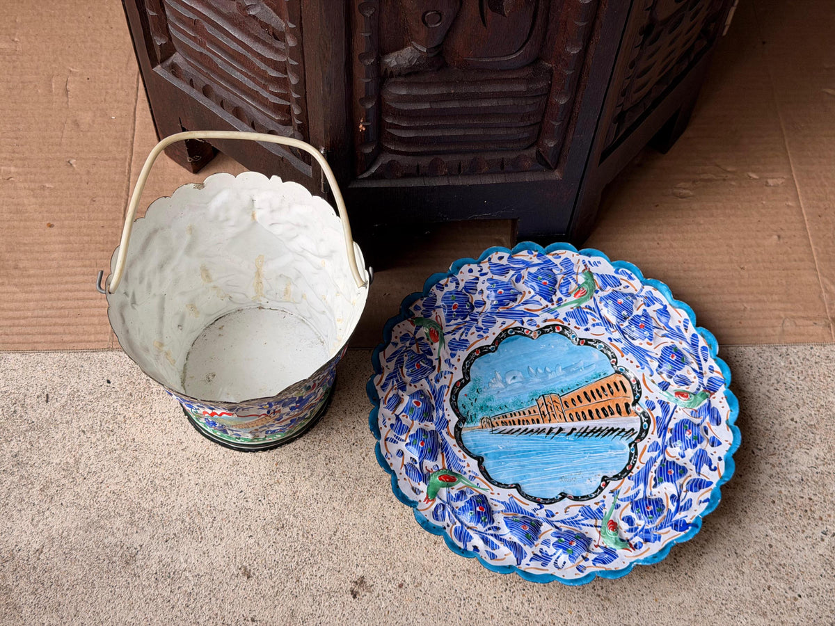 Middle Eastern Hand Painted Enameled Copper Plate Bucket Set Silk Road Art 9"