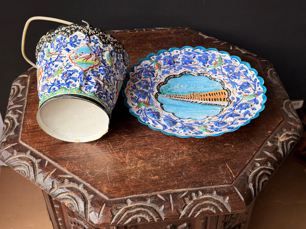 Middle Eastern Hand Painted Enameled Copper Plate Bucket Set Silk Road Art 9"