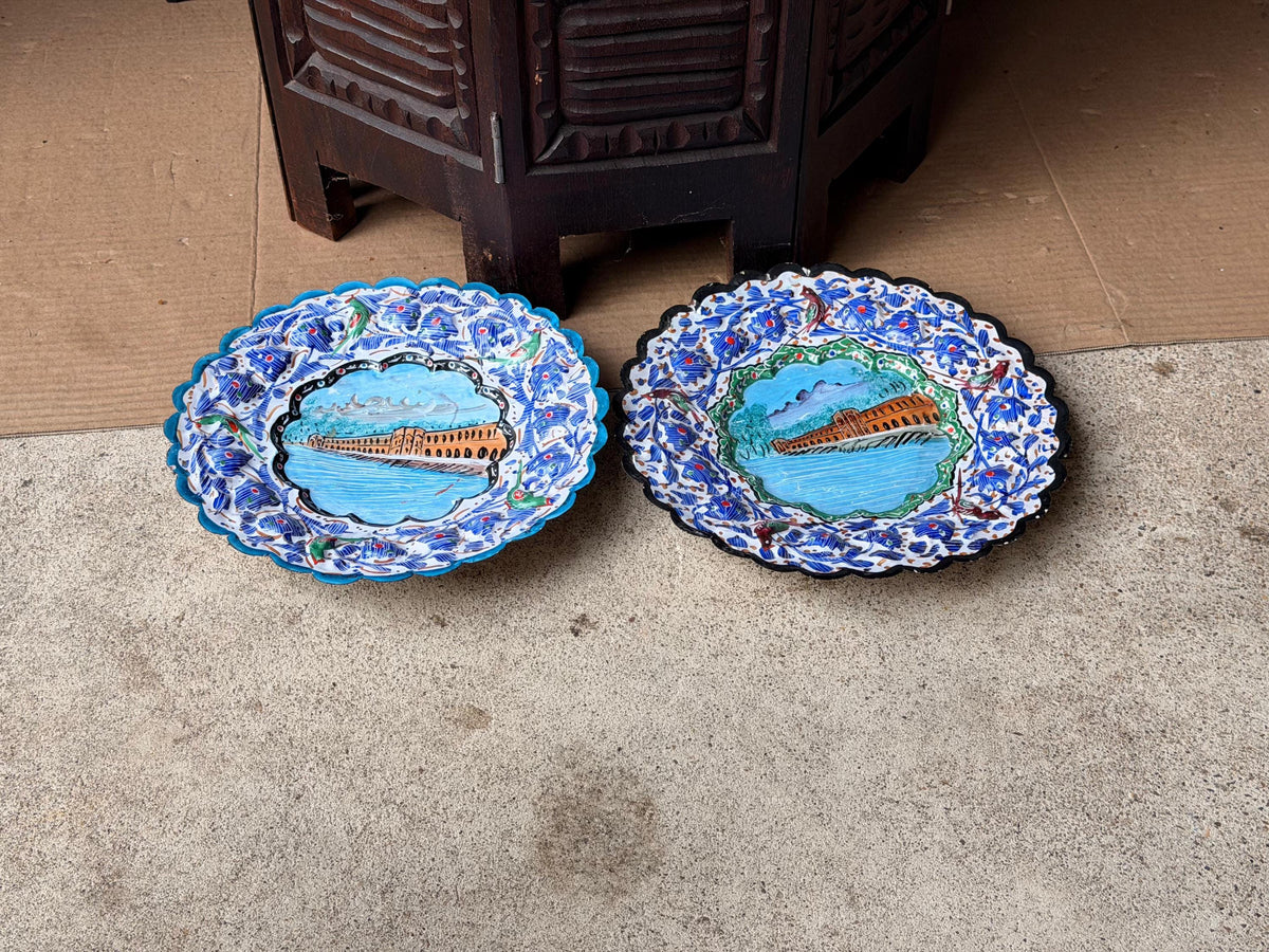 Middle Eastern Enameled Copper Plates Pair Hand Painted Floral Wall Hanging 9"