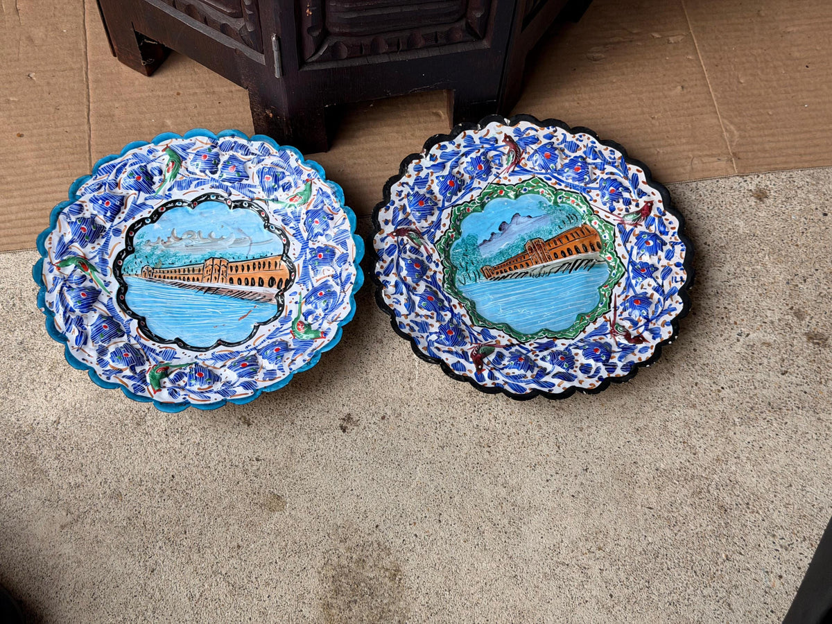 Middle Eastern Enameled Copper Plates Pair Hand Painted Floral Wall Hanging 9"