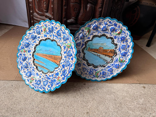 Pair Middle Eastern Hand Painted Enameled Copper Wall Plates Silk Road Art 9.2"