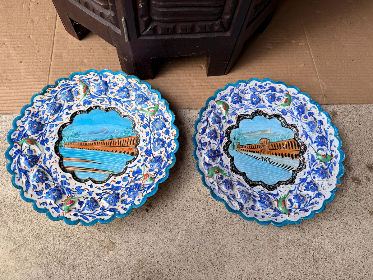 Pair Middle Eastern Hand Painted Enameled Copper Wall Plates Silk Road Art 9.2"
