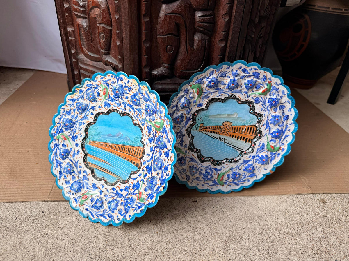 Pair Middle Eastern Hand Painted Enameled Copper Wall Plates Silk Road Art 9.2"