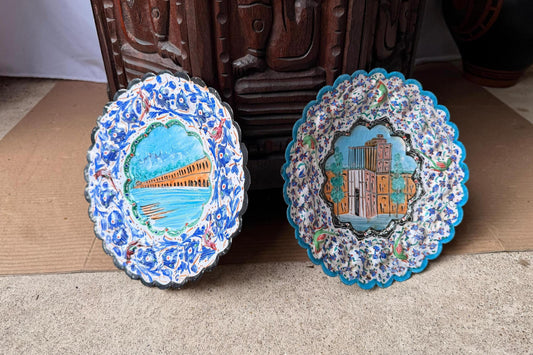 Middle Eastern Hand Painted Enamel Copper Wall Plates Set of 2 Silk Road 8.8"