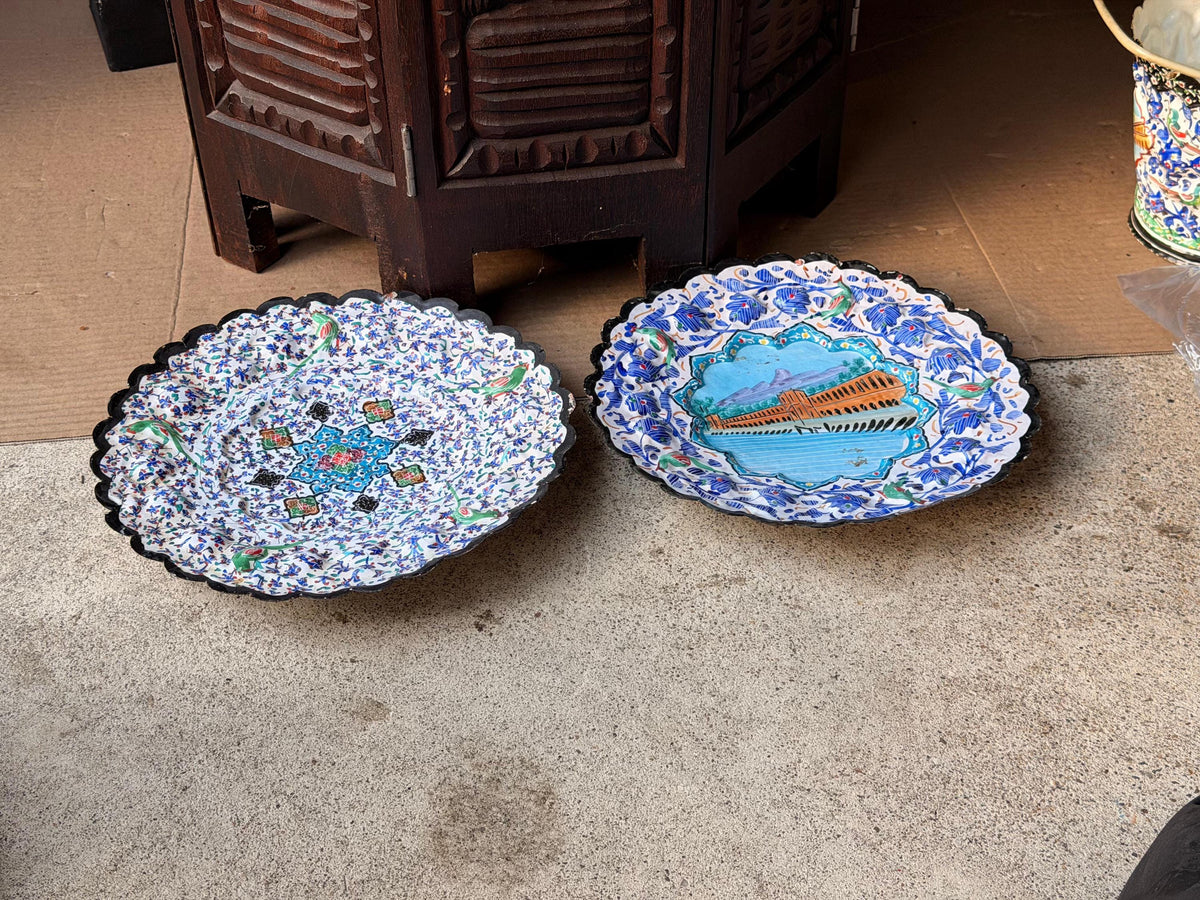 Pair Middle Eastern Hand Painted Enameled Copper Wall Plates Silk Road Art 9.2"