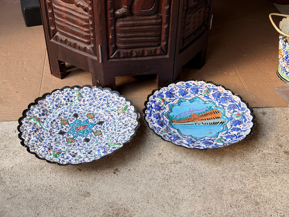 Pair Middle Eastern Hand Painted Enameled Copper Wall Plates Silk Road Art 9.2"