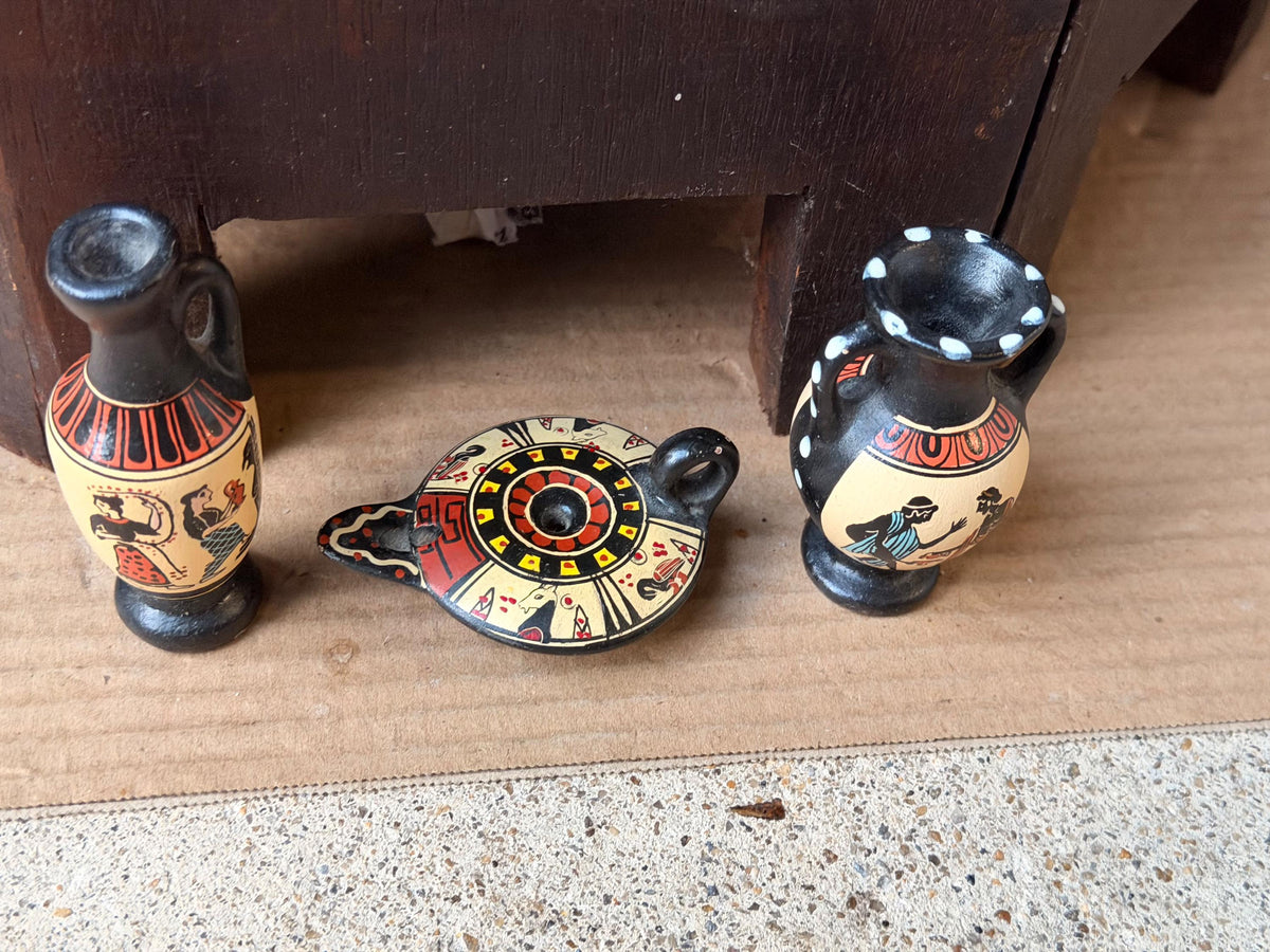 3pc Vintage Greek Miniature Pottery Set D Vassilopoulos Lekythos Amphora 3.2"