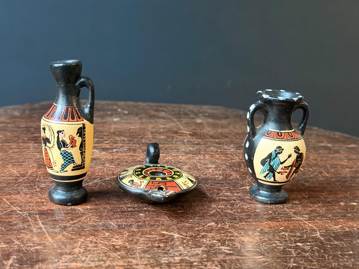 3pc Vintage Greek Miniature Pottery Set D Vassilopoulos Lekythos Amphora 3.2"