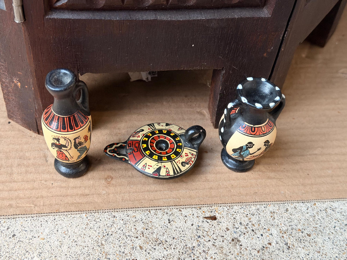 3pc Vintage Greek Miniature Pottery Set D Vassilopoulos Lekythos Amphora 3.2"