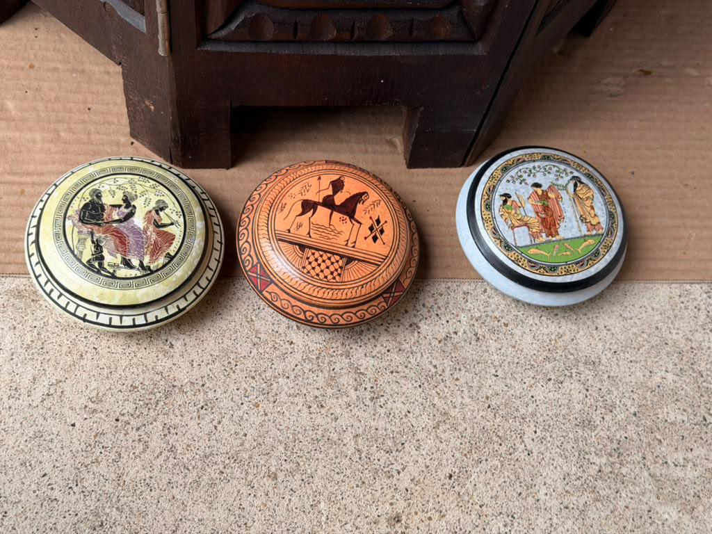 3pc Vintage Greek Ceramic Lidded Boxes Pyxis Set Hand Painted Classical 3.5"