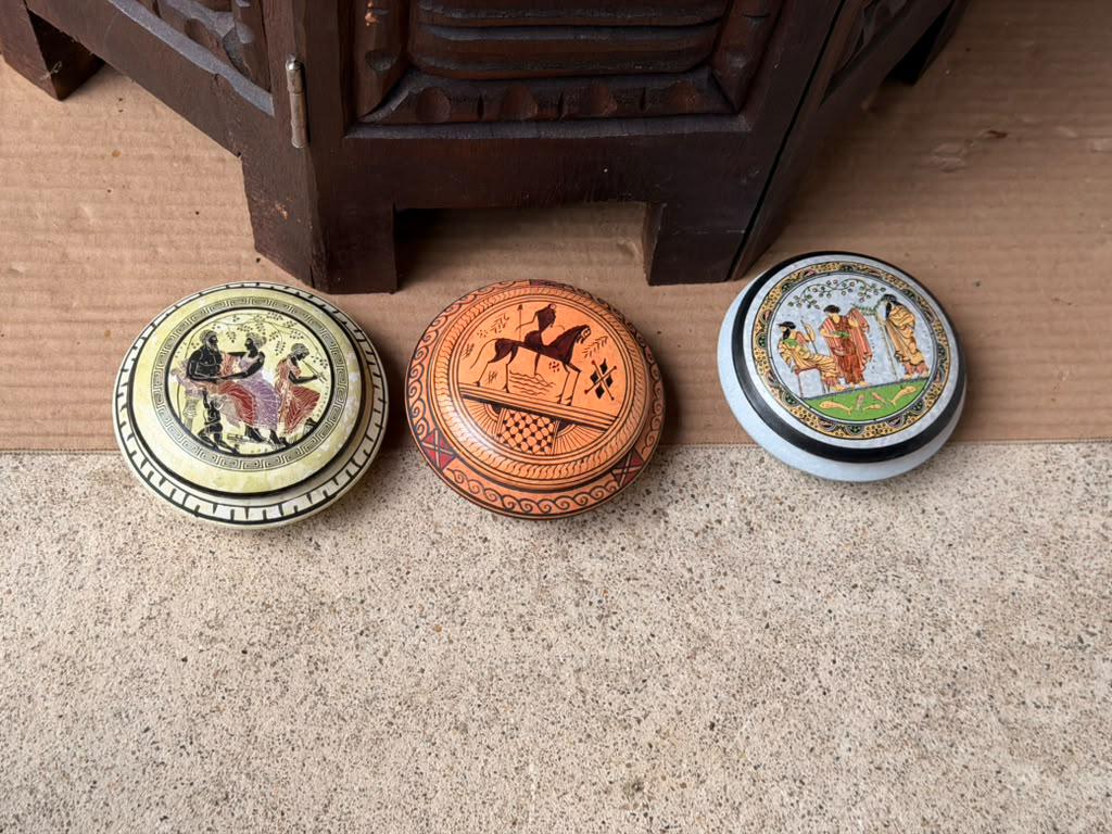 3pc Vintage Greek Ceramic Lidded Boxes Pyxis Set Hand Painted Classical 3.5"