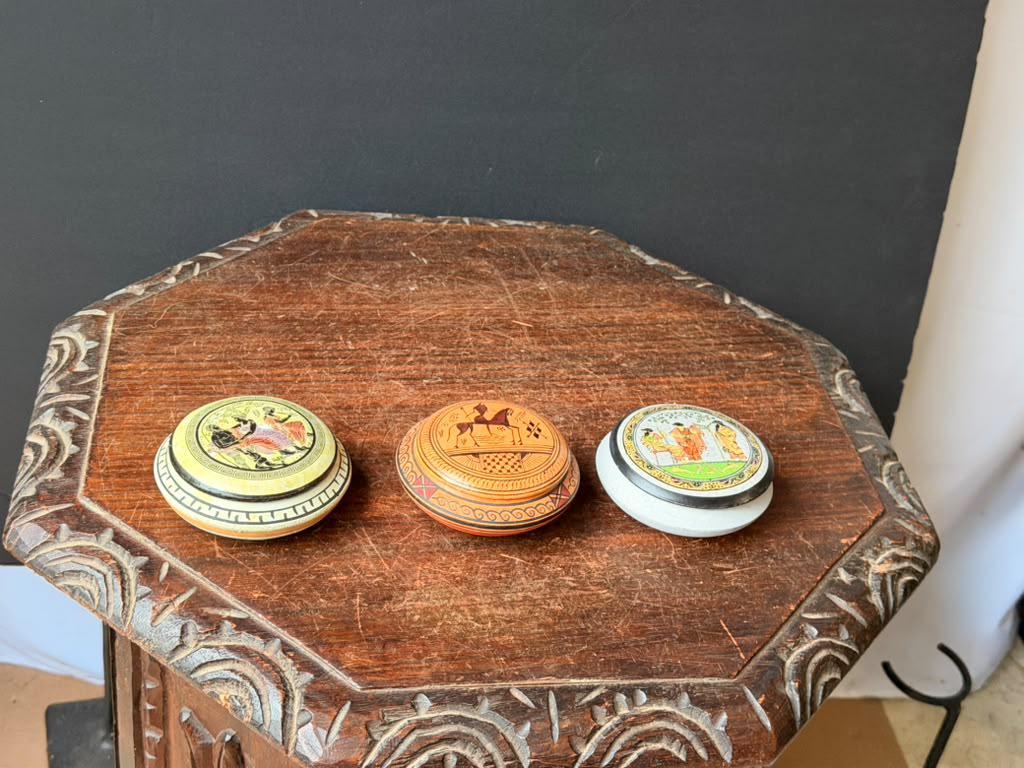 3pc Vintage Greek Ceramic Lidded Boxes Pyxis Set Hand Painted Classical 3.5"