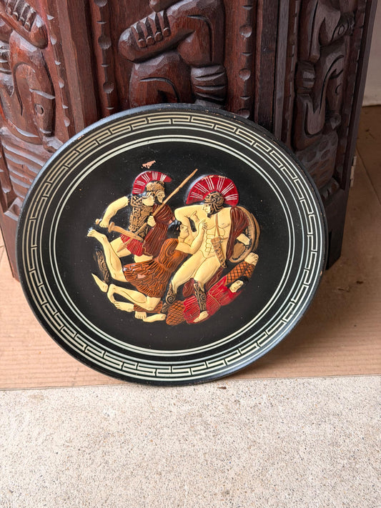 Vintage Greek Ceramic Wall Plaque High Relief Warrior Battle Athens 11" Plate