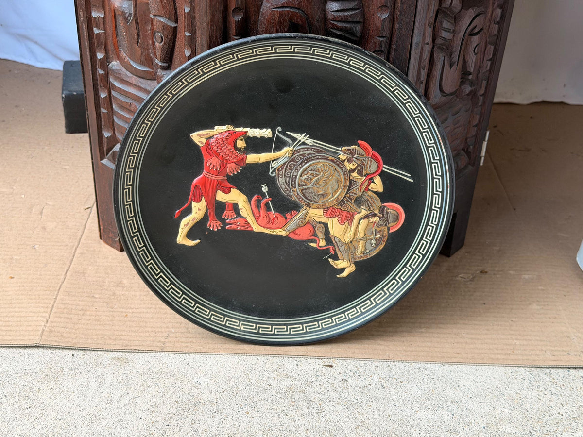 Vintage Greek Ceramic Wall Plaque Relief Heracles Geryon Spyropoulos 11" Plate