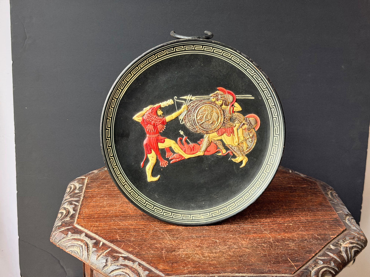 Vintage Greek Ceramic Wall Plaque Relief Heracles Geryon Spyropoulos 11" Plate