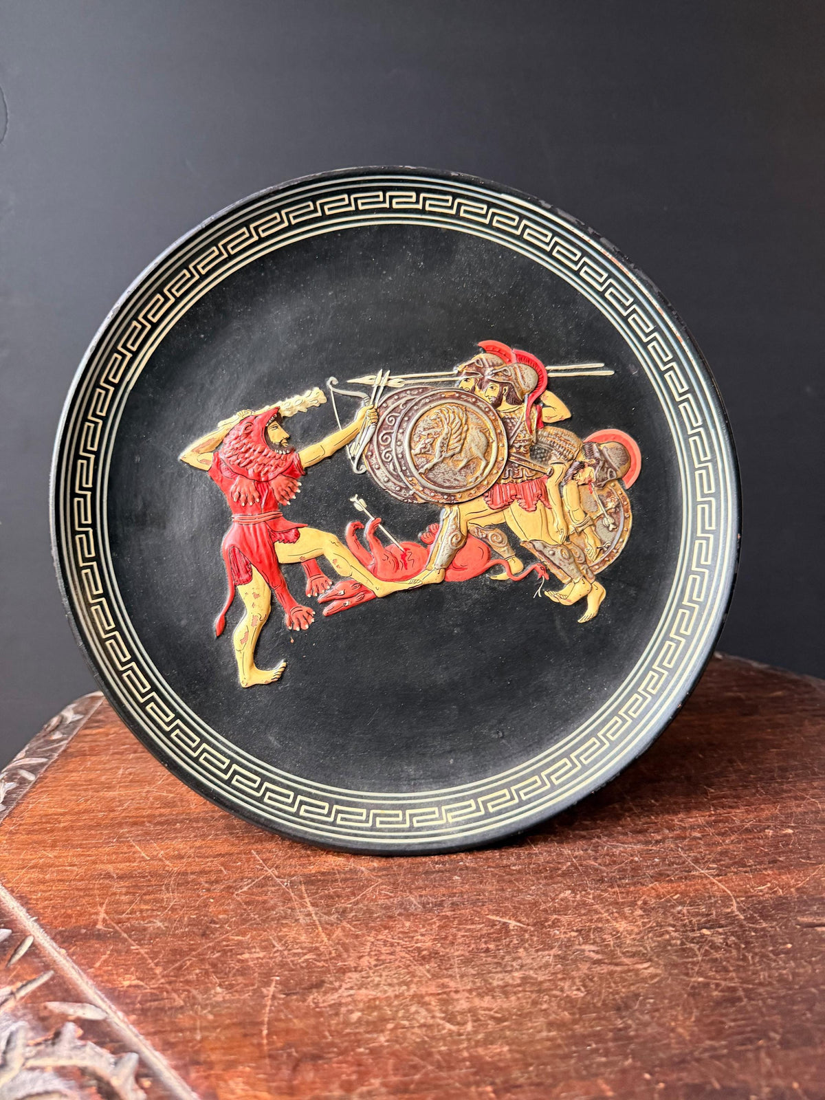 Vintage Greek Ceramic Wall Plaque Relief Heracles Geryon Spyropoulos 11" Plate