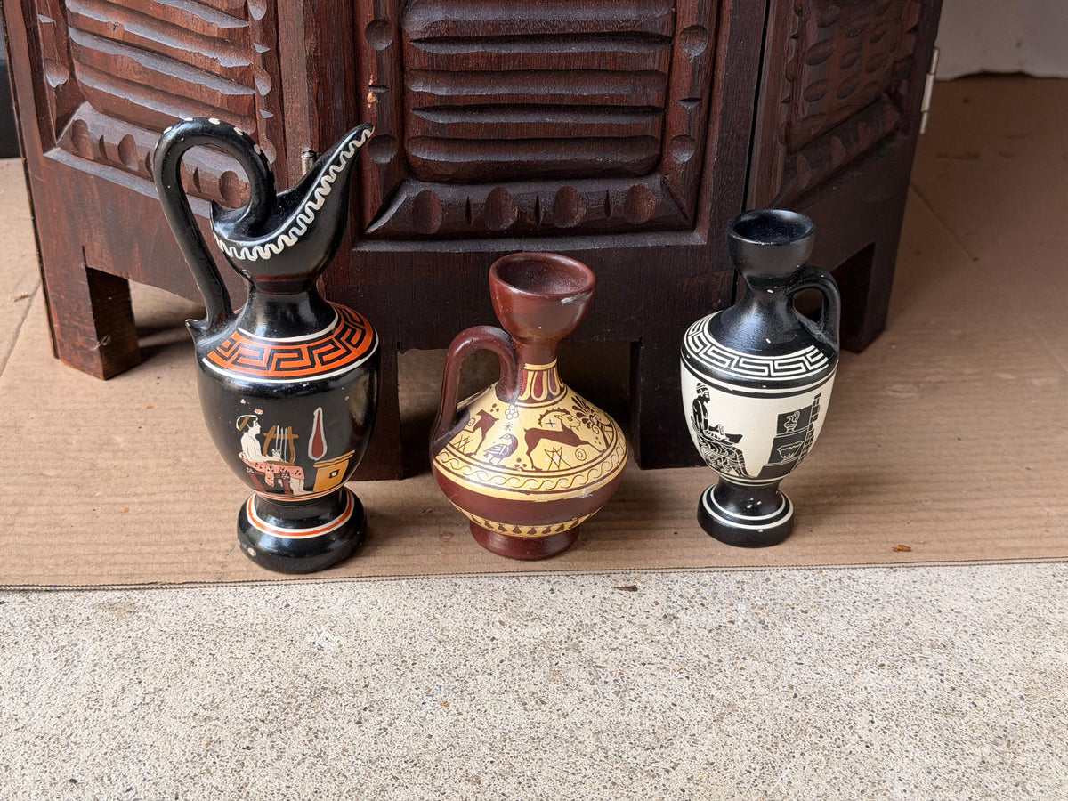 Greek Pottery Vase Set 3 D Vassilopoulos Hand Painted Vintage Classical Urns
