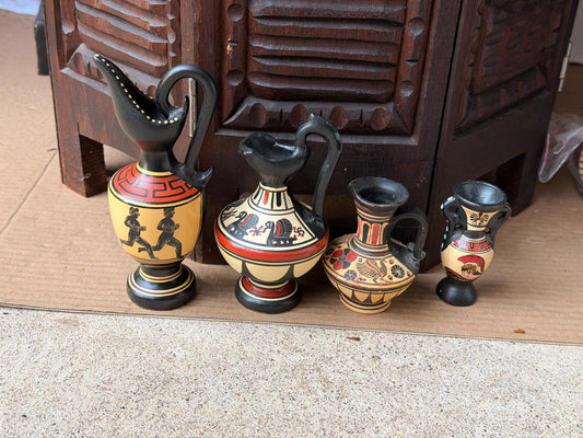 Greek Pottery Vase Set 4 Hand Painted Corinthian Attic Vintage Miniature Urns