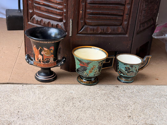 Greek Pottery Set 3 D Vassilopoulos Hermes Athena Vintage Terracotta Cups
