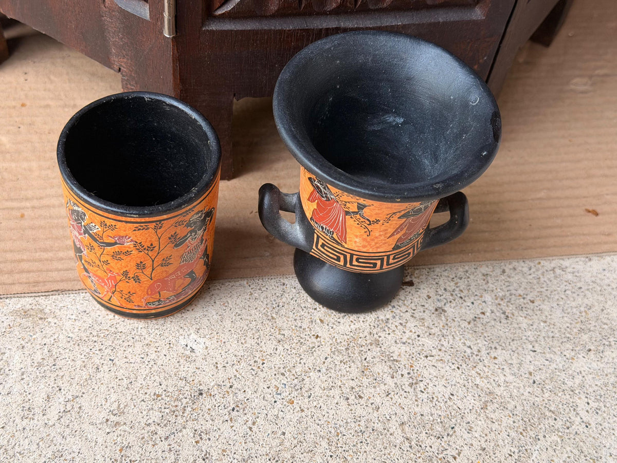 Vintage Greek Revival Terracotta Vessel Set Black Figure Pottery Krater Urn
