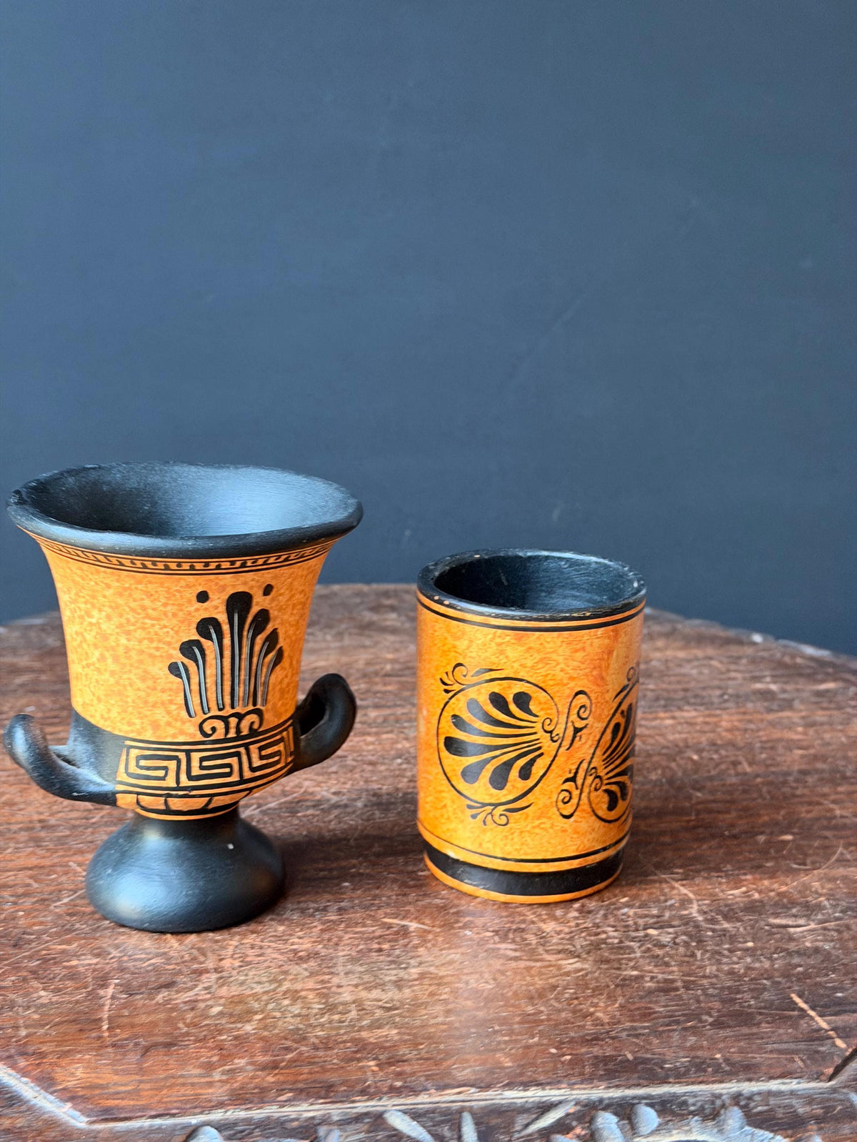 Vintage Greek Revival Terracotta Vessel Set Black Figure Pottery Krater Urn