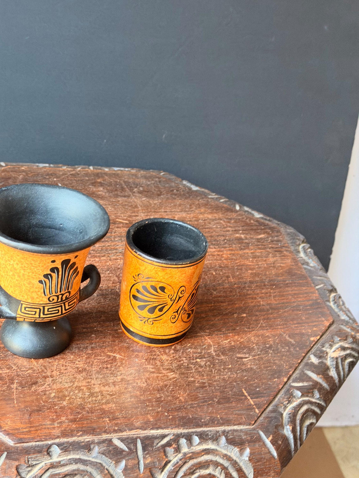 Vintage Greek Revival Terracotta Vessel Set Black Figure Pottery Krater Urn