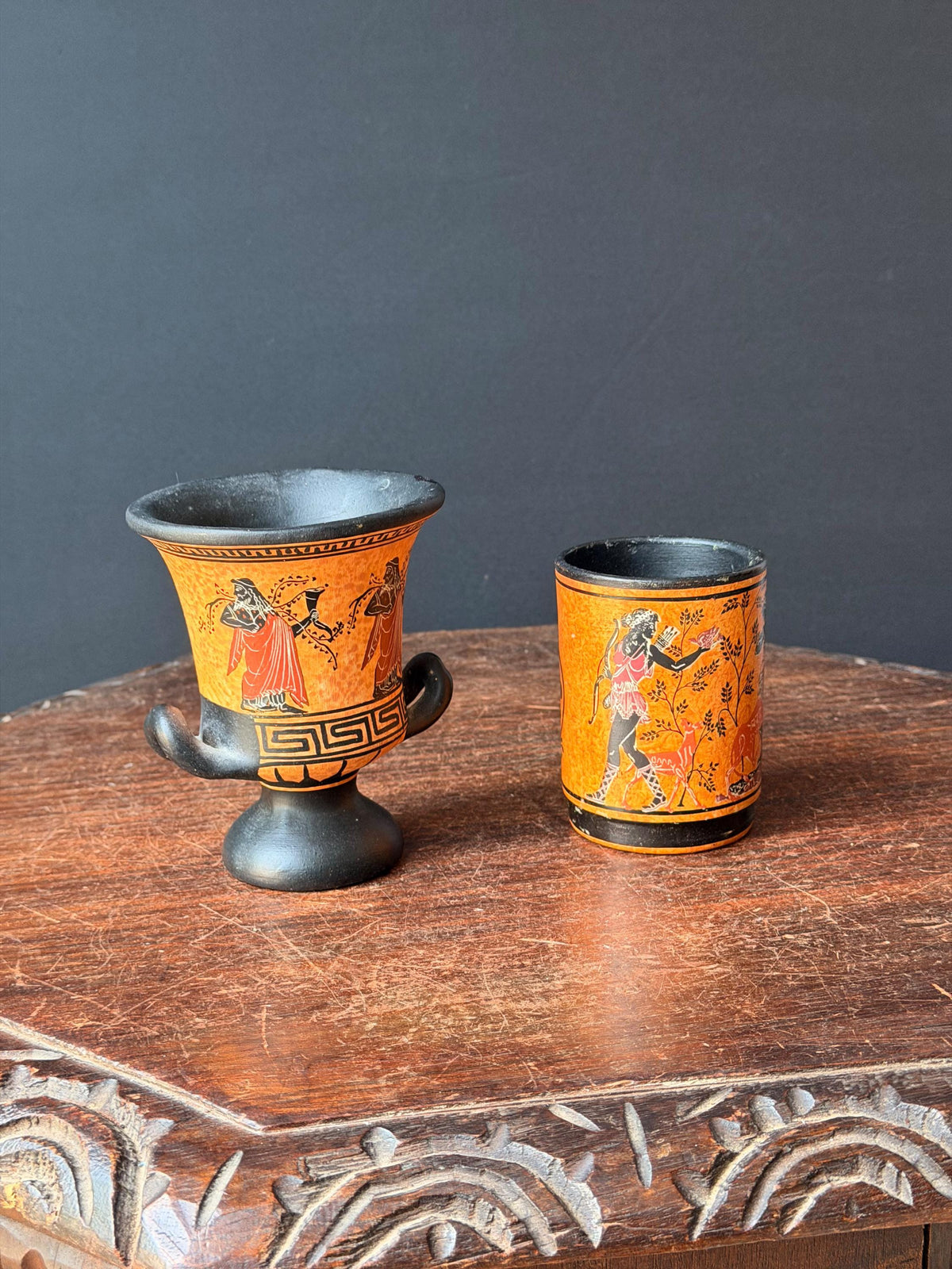Vintage Greek Revival Terracotta Vessel Set Black Figure Pottery Krater Urn