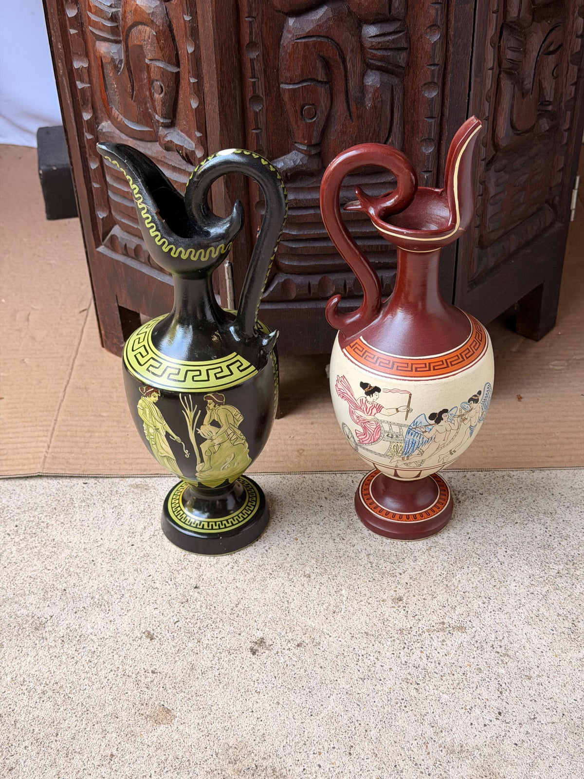 Vintage Greek Hand Painted Pottery Oinochoe Pitcher Set Spyropoulos 11"